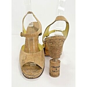 Chanel "Chateau Chanel" Wine Cork Heel Pumps w Yellow Leather Accents Sz EU 36.5